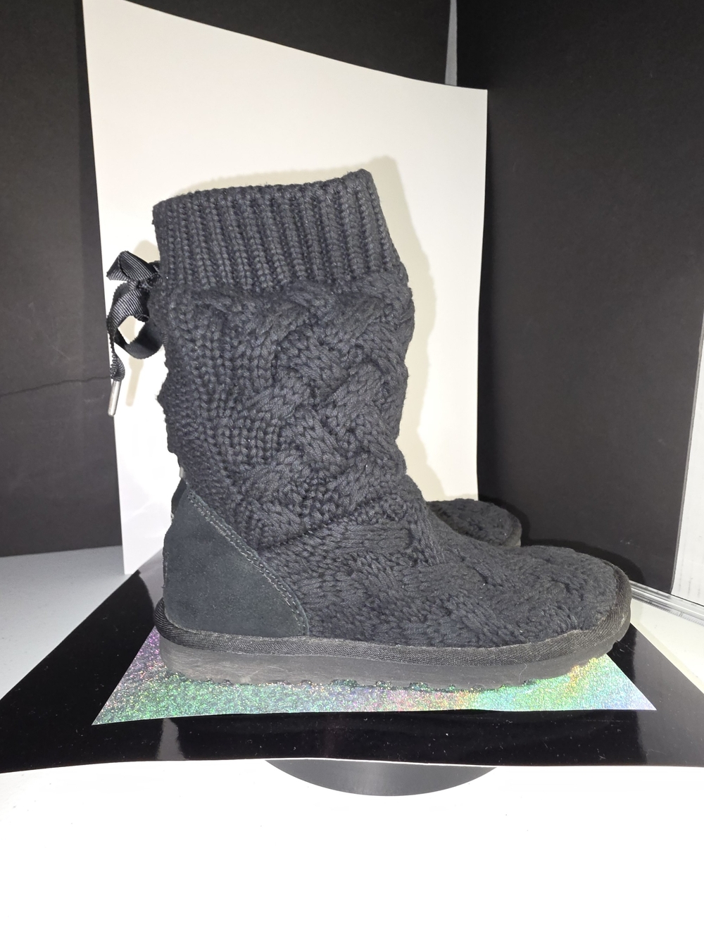 UGG Australia Isla Black Cable Knit Mid-Calf Winter Boots Size 6